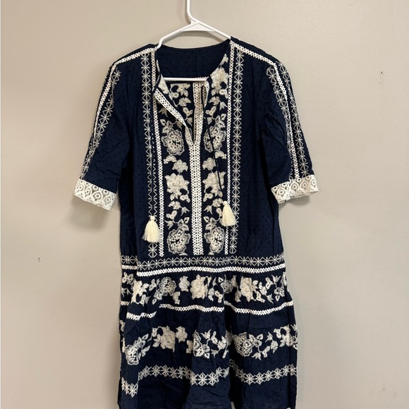 Tory Burch Navy Dress with Cream Embroidered Detail